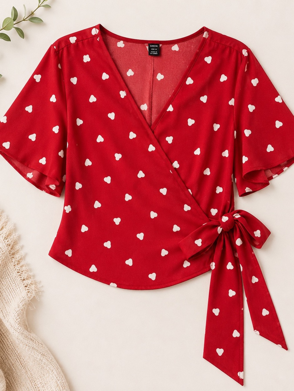 SHEIN Curve Red Heart Print Wrap Tie Blouse Top Plus Size 3XL Valentine Coquette